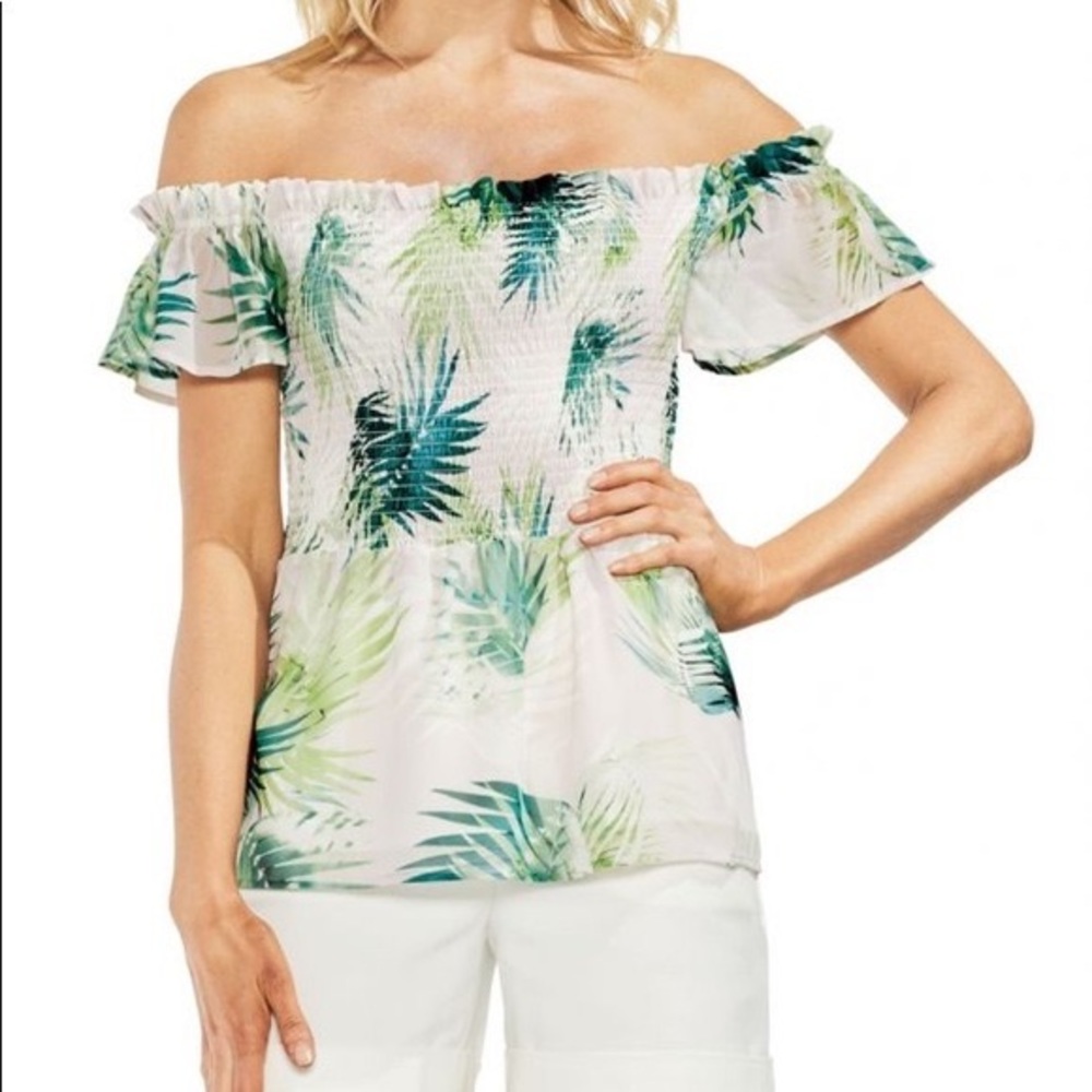 Vince Camuto smocked tropical palm leafy print off the shoulder top green white